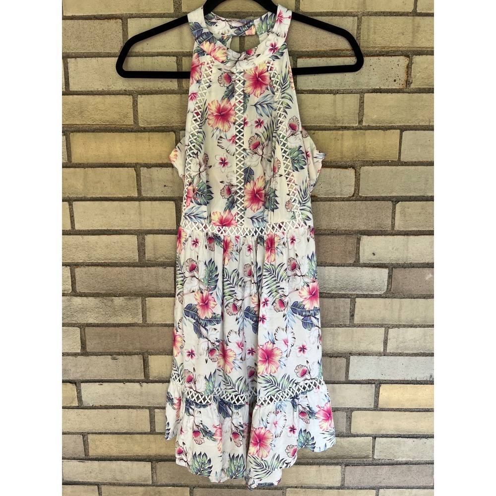 Sunday Mi Amor Floral Halter Mini Dress Open Back Tropical Ladder Lace Trim XS
